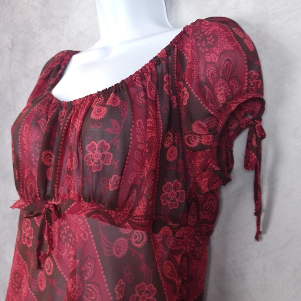 Vntg Whimsy Fairy Dress Womens Large Red Paisley Chiffon Sheer Babydoll Grunge - Picture 3 of 16